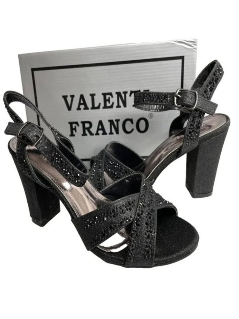Valenti Franco Strappy Sandal Black Glitter Beaded High Heel Shoes Women's 7.5